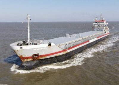 Maasborg on river Ems bound for Eemshaven, 21-04-2023