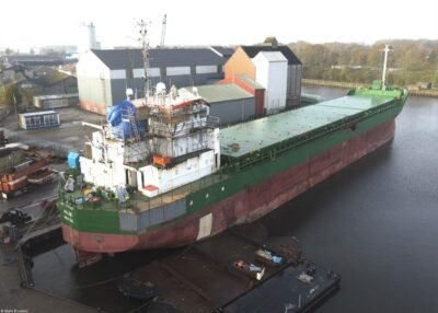 Helge with significant collision damage at shipyard Niestern Sander in Delfzijl, 26-11-2022