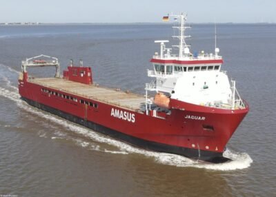 Jaguar on river Ems passing Delfzijl, 02-06-2023