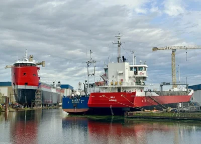Mila moored at shipyard Niestern Sander B.V. in Delfzijl, 08-10-2023