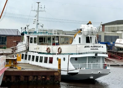 Jens Albrecht III moored at Schiffswerft Diedrich in Oldersum, 15-03-2024