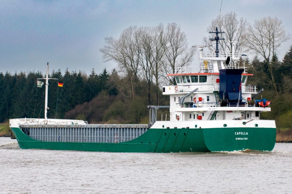 Capella in Kiel Canal passing Breiholz, 10-04-2012