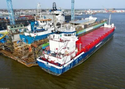 Hoogvliet moored at shipyard Niestern Sander B.V. in Delfzijl, 30-01-2022