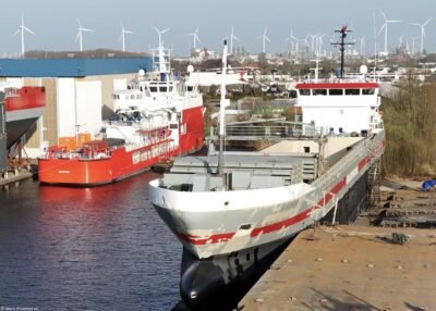 Speyk moored at shipyard Niestern Sander B.V. in Delfzijl, 22-03-2025