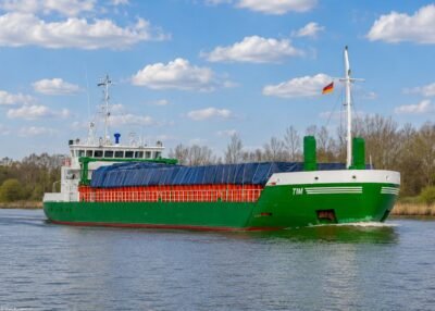 Tim in Kiel Canal passing Burg, 03-04-2010